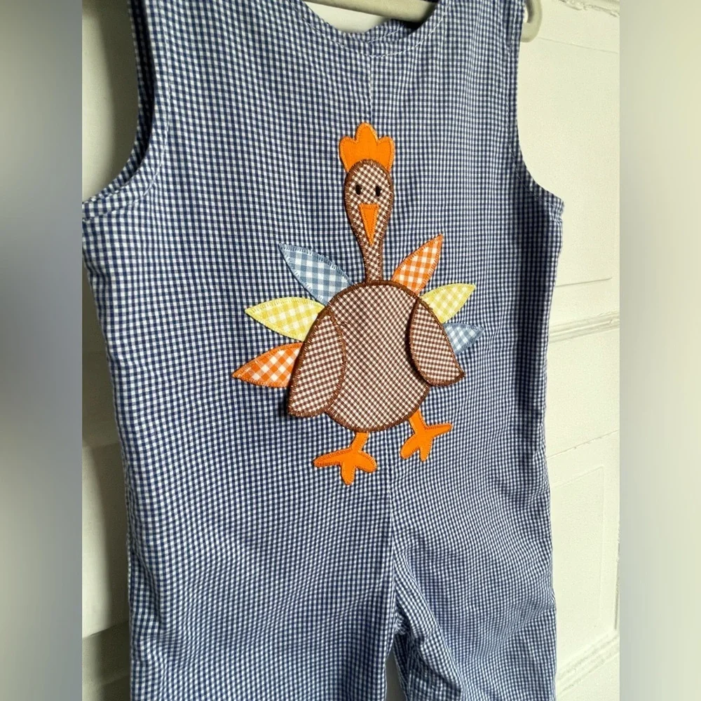 Funtasia Too Reversible 12mo Blue Checkered Overalls w/ Pumpkins & Turkey Design